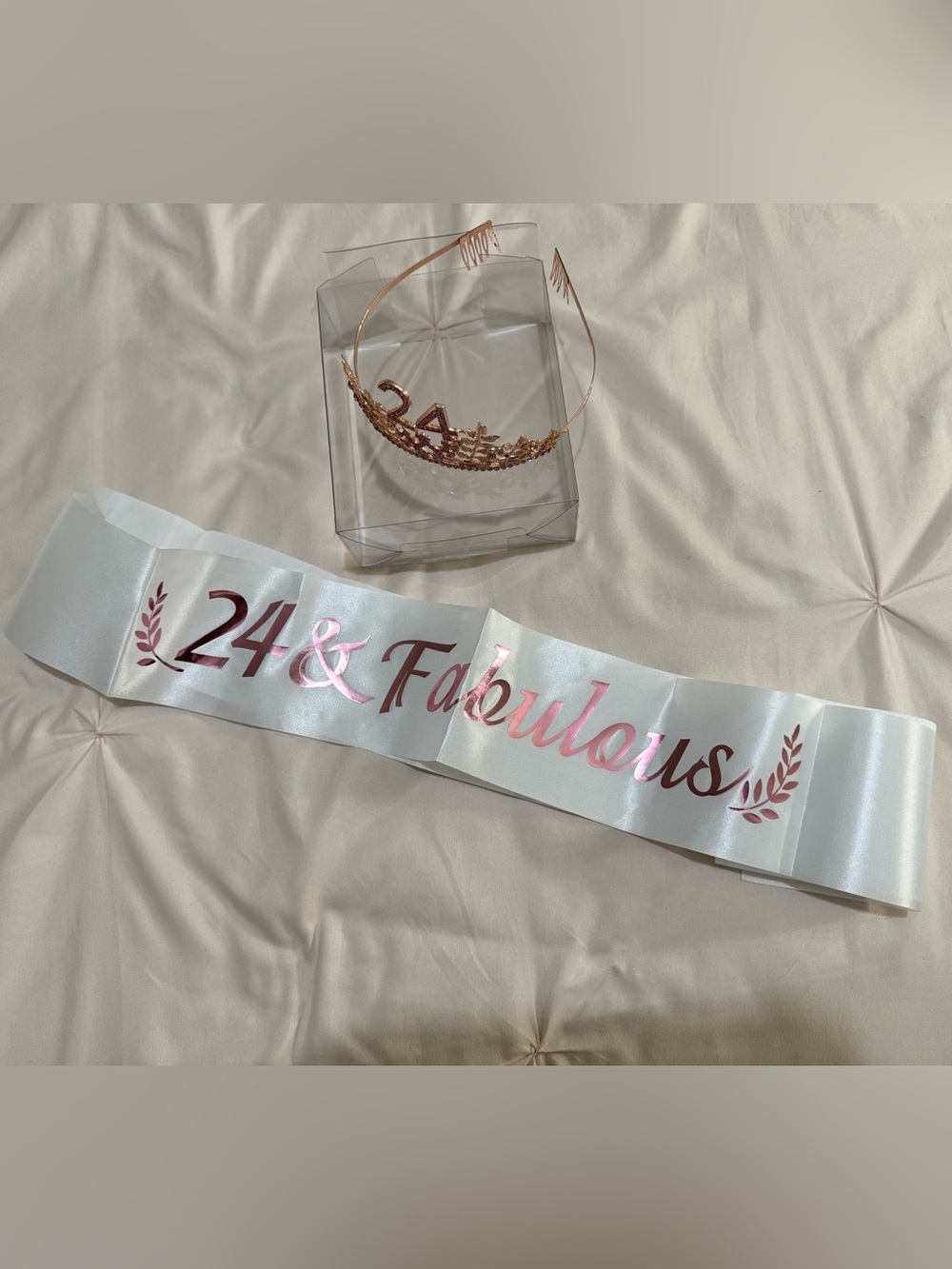 24 & Fabulous Rose Gold Tiara and White Sash Set